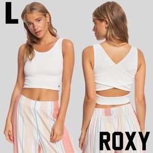NWOT ROXY White Sleeveless, Crop Top w Cute Cut Out Back+ Bronze Metal Logo Sz L